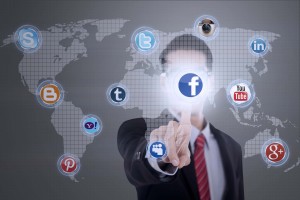 Businessman connects to social media